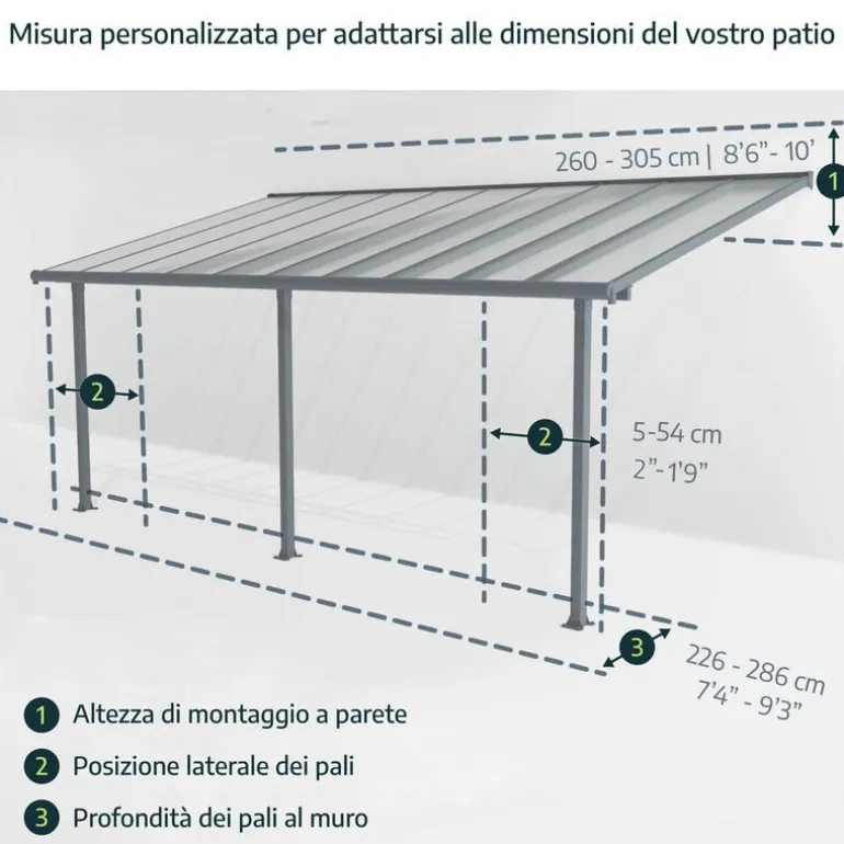 Canopia Feria Pergola Addossata in Alluminio 3X7.3 m Grigio