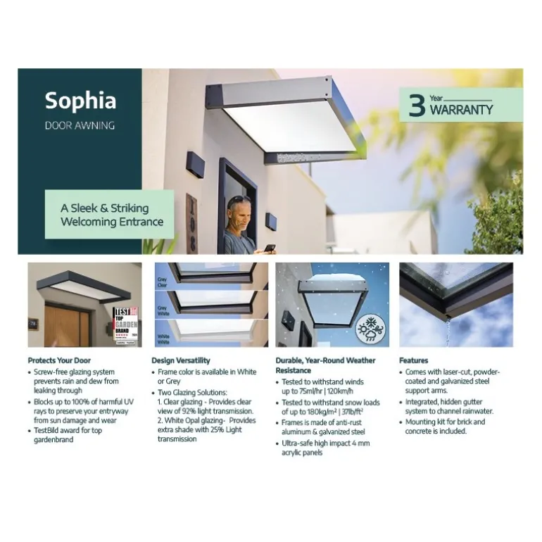 Canopia Sophia XL Pensilina Da Esterno 190X140 cm - Struttura Grigia Pannelli Opal Bianco